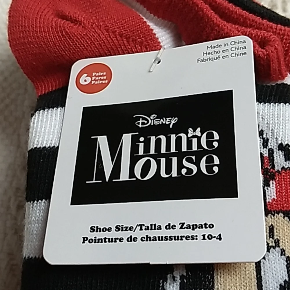 Disney Minnie Mouse 6 pairs of socks size 10 - 4 Red, Black, Gray & White